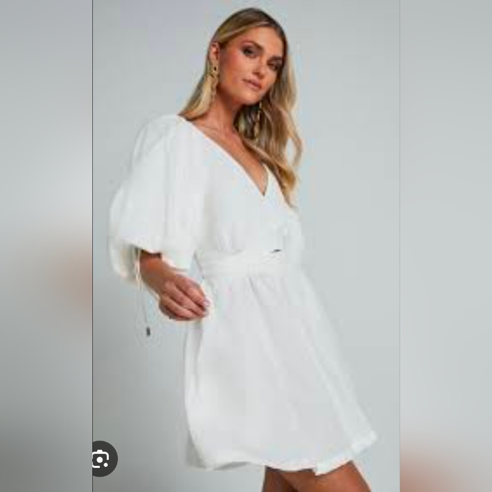 Amalie The Label White Cotton Linen Puff Sleeve Mini Dress Us 6